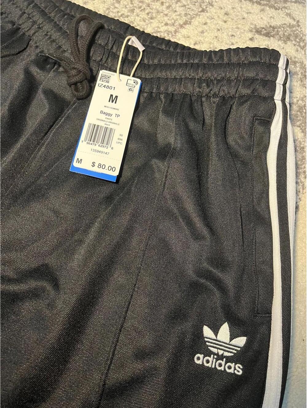 Adidas Baggy Track Pants Men’s Medium NWT Black 3 Stripe Wide Leg Athletic Pants - Picture 3 of 5